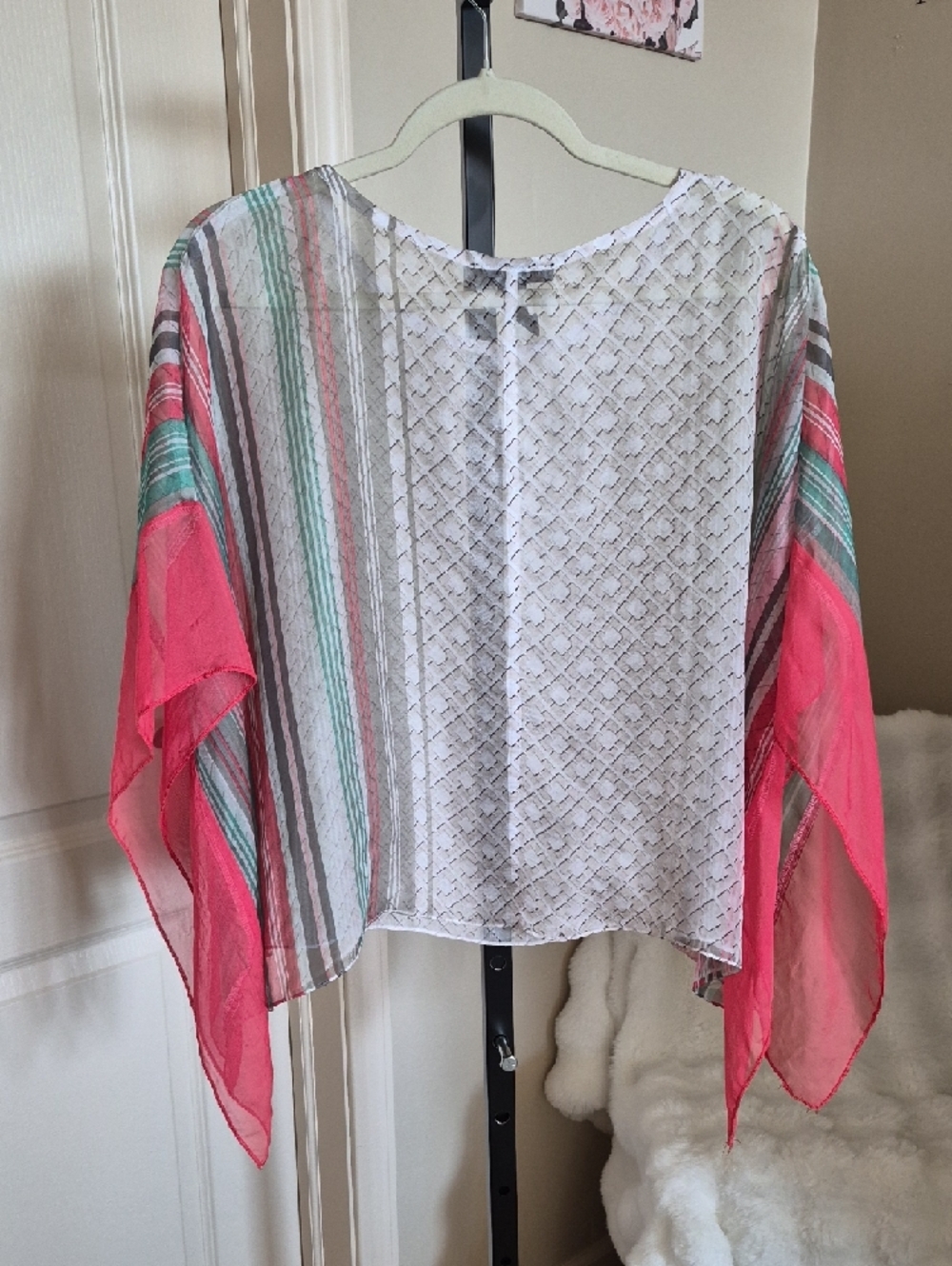 Women's Sheer Striped Draped Blouse in Cream and Coral Scarf Style M - Picture 2 of 10